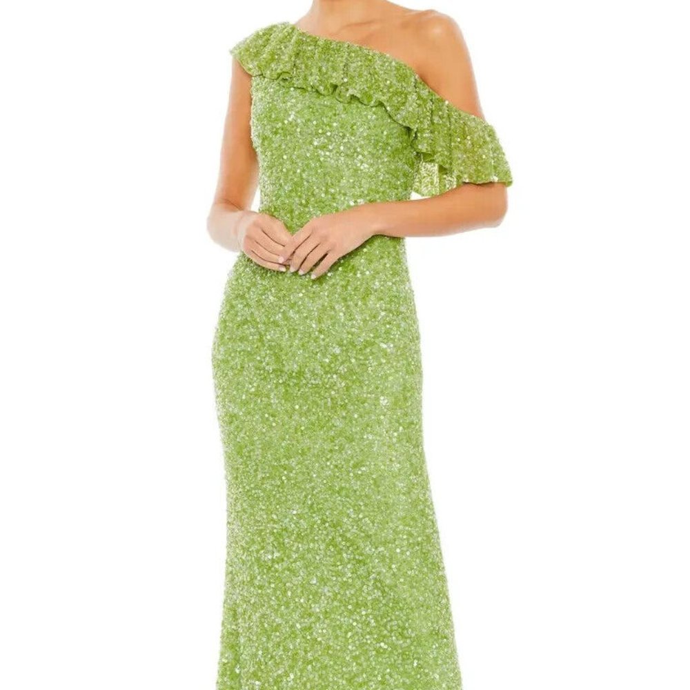 Mac Duggal Green One-Shoulder Sequin Trumpet Gown